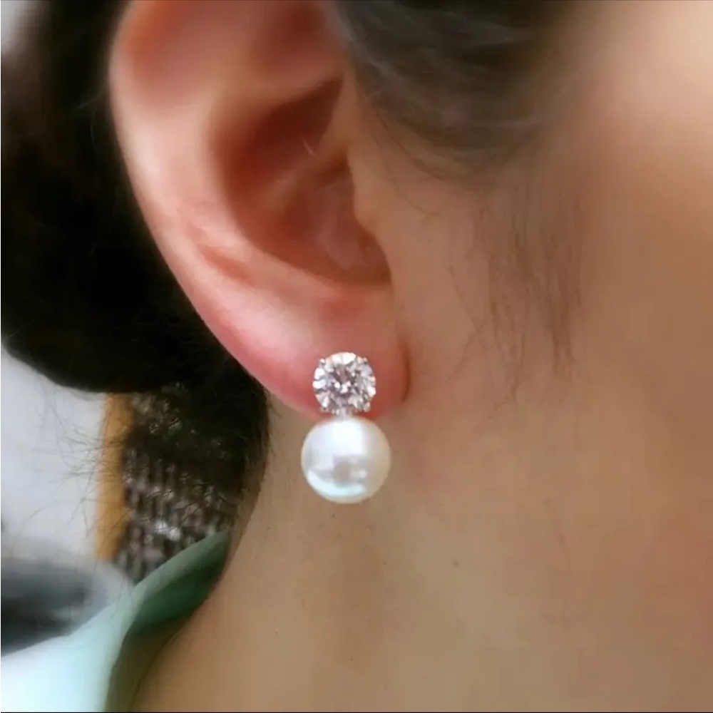 Pearl Diamond Drop Silver Earrings NEW